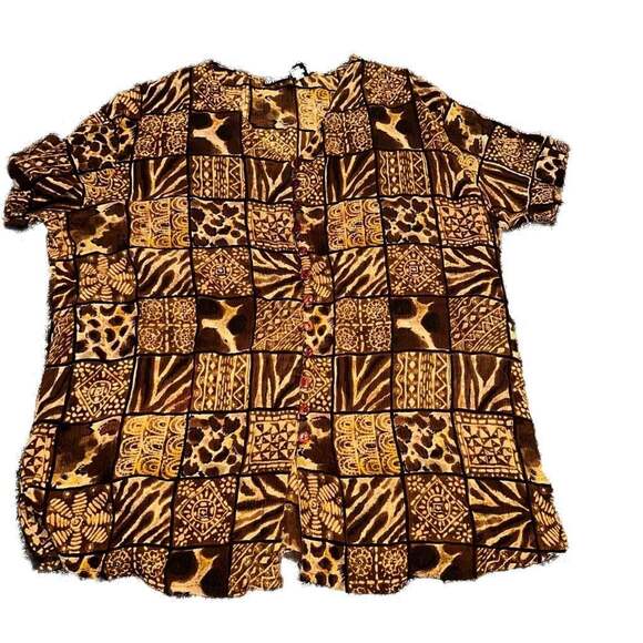 Club 2 Collection Tops - VTG Safari Patchwork Rayon Animal Print Button Down Shirt Grunge 90s Retro Chick